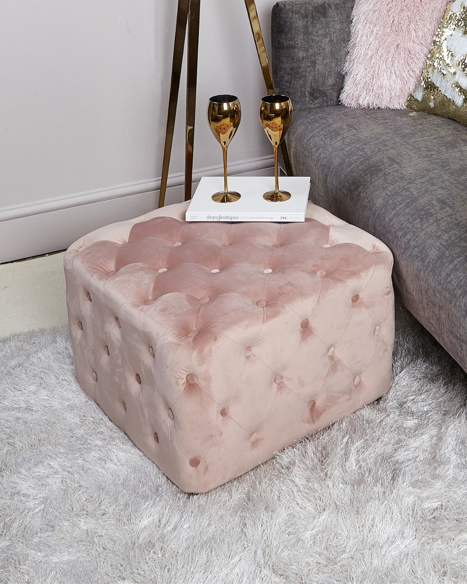 Velvet Tufted Button Puffy Stool In Grey - WallMantra
