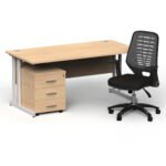 Impulse 1600mm Cantilever Straight Desk With Mobile Pedestal and Relay Silver Back Operator Chair - Image 39